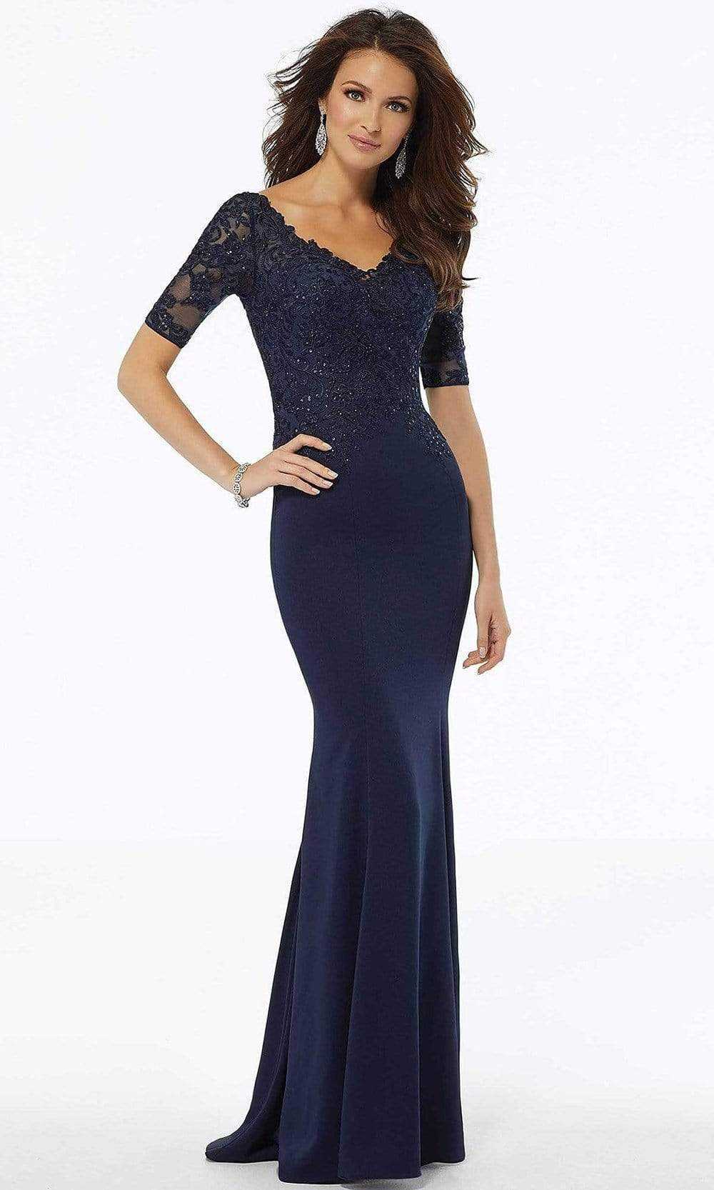 MGNY by Mori Lee, MGNY By Mori Lee - Illusion V-Neck Embroidered Gown 72108SC - 1 pc Navy In Size 8 Available