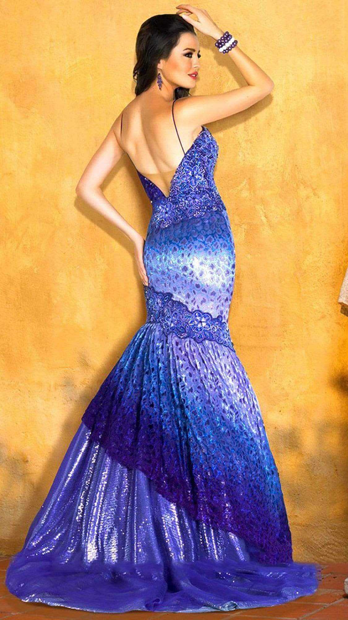 MNM Couture, MNM COUTURE - Sleeveless V Neck Lace Mermaid Gown KH068 - 1 pc Purple in Size 10 Available