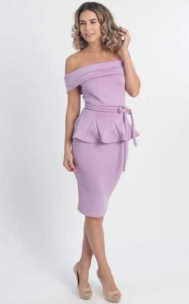 MNM Couture, MNM Couture - L0003 Folded Off Shoulder Peplum Sheath Dress