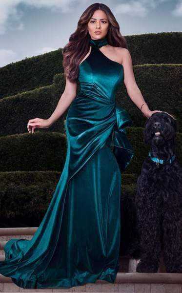 MNM Couture, MNM Couture - L0038 Asymmetrical Choker-Style Wrap Velvet Gown