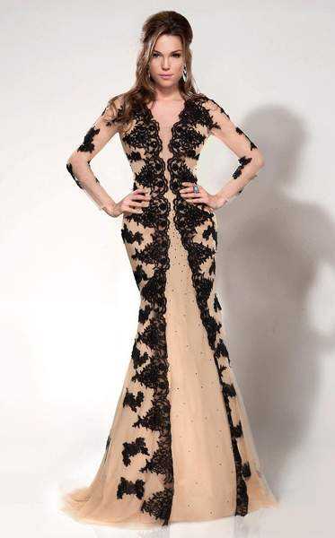 MNM Couture, MNM Couture - Lace V-neck Mermaid Dress 9582 - 1 pc Black/Nude In Size 20 Available