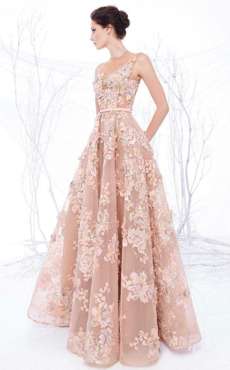 MNM Couture, MNM Couture - N0194 Floral Embroidered Illusion Pleated Gown