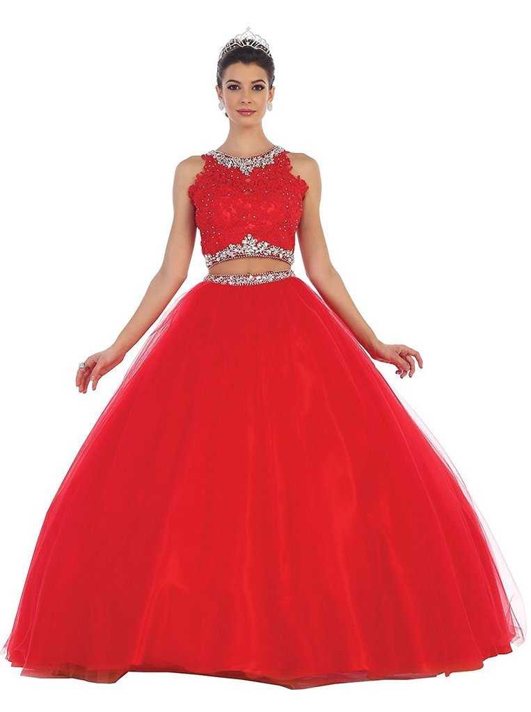 May Queen, May Queen - LK-81 Two Piece Beaded Embellished Ballgown - 1 Pc Red in Size 4 Available
