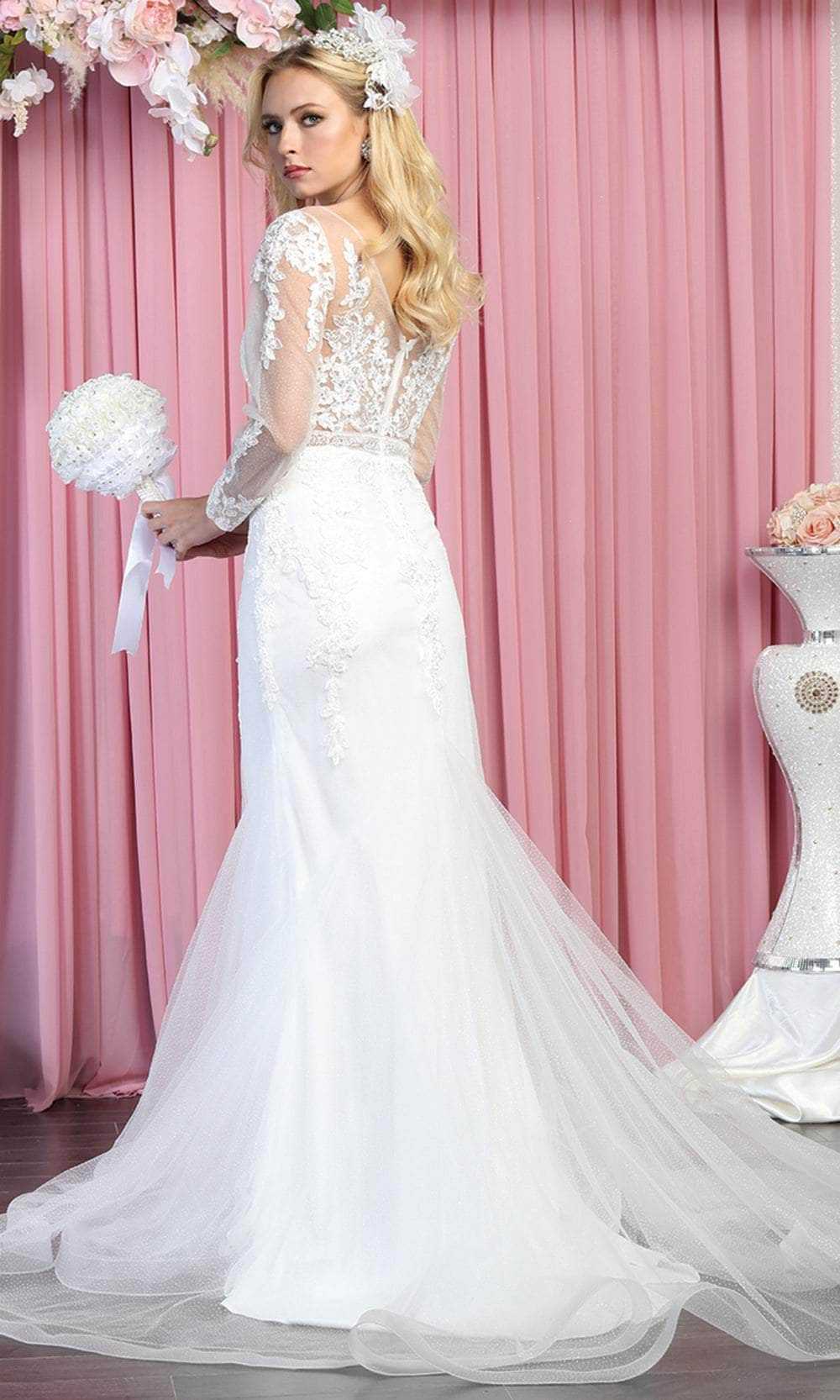 May Queen, May Queen RQ7892 - Long sleeves Deep V-neck Wedding Gown