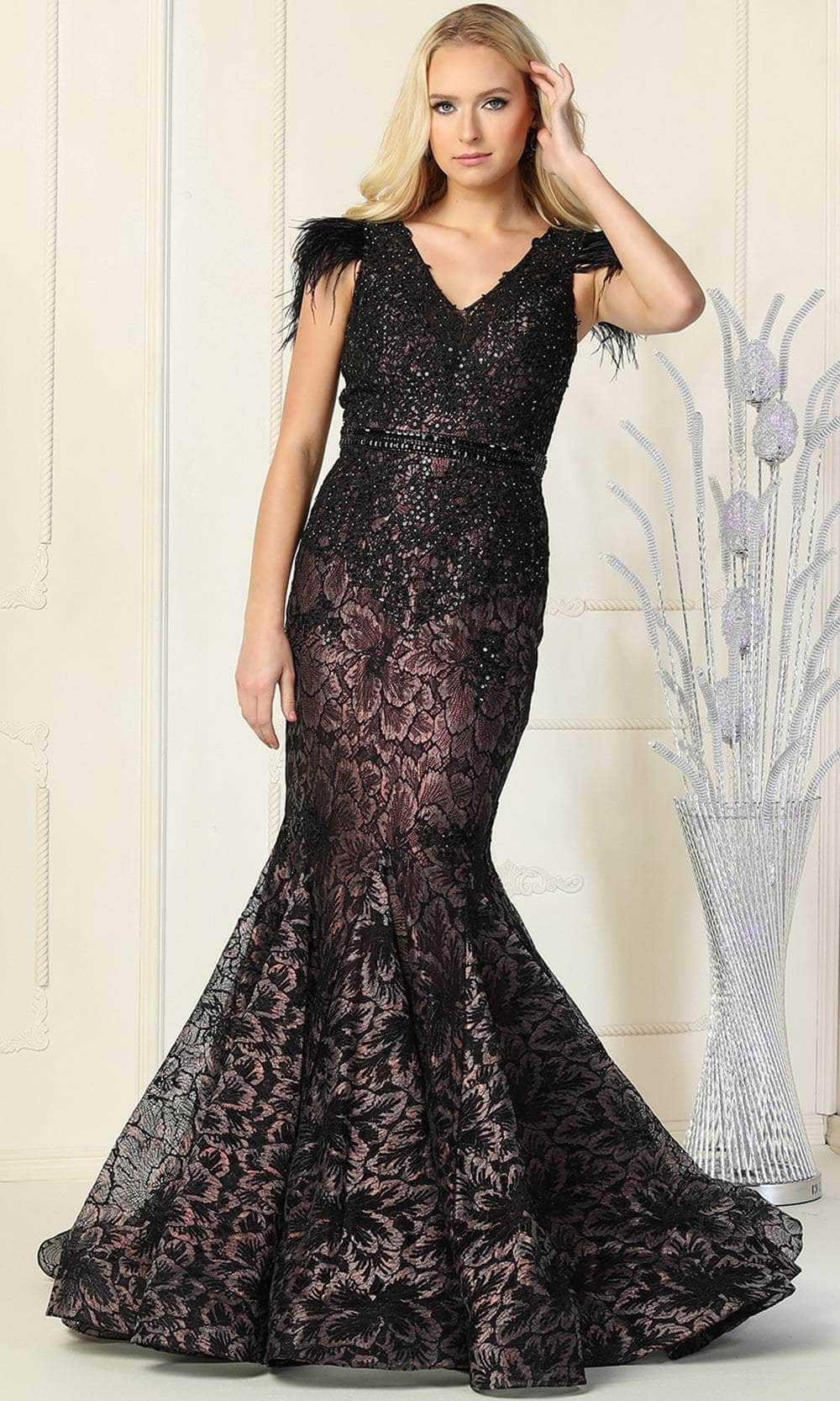 May Queen, May Queen RQ7893 - Feathered Straps Laced V Neck Trumpet Dress