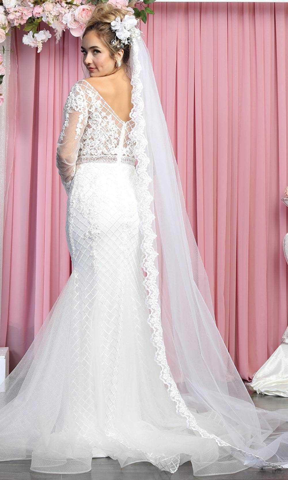 May Queen, May Queen RQ7896 - Long Sleeves Sheer V-neck Wedding Gown