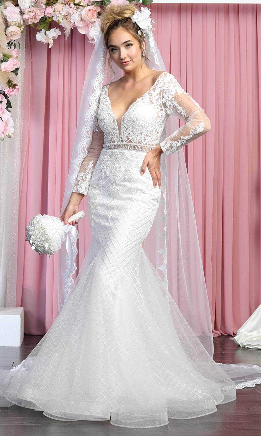 May Queen, May Queen RQ7896 - Long Sleeves Sheer V-neck Wedding Gown