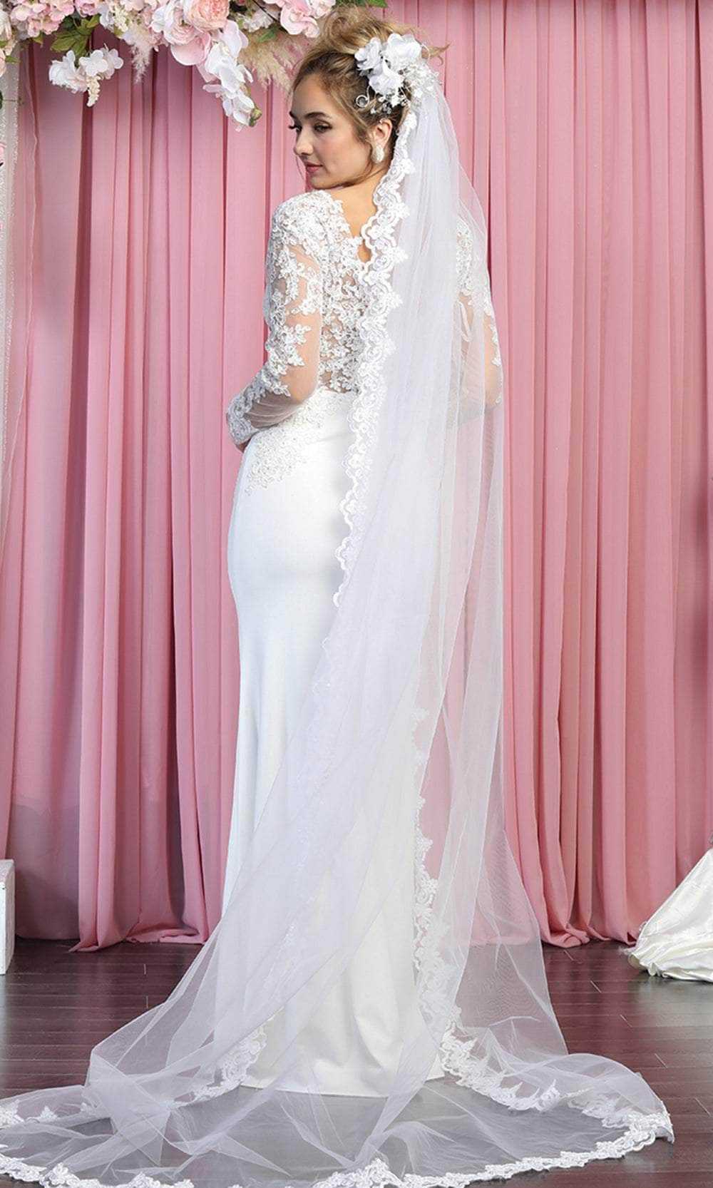 May Queen, May Queen RQ7901 - Long Sleeves Low-cut V-neck Wedding Gown