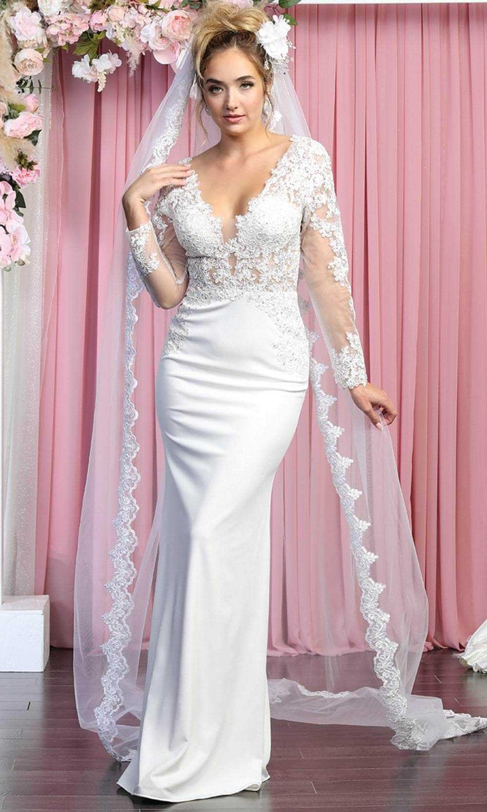 May Queen, May Queen RQ7901B - Long Sleeves V-neck Wedding Gown
