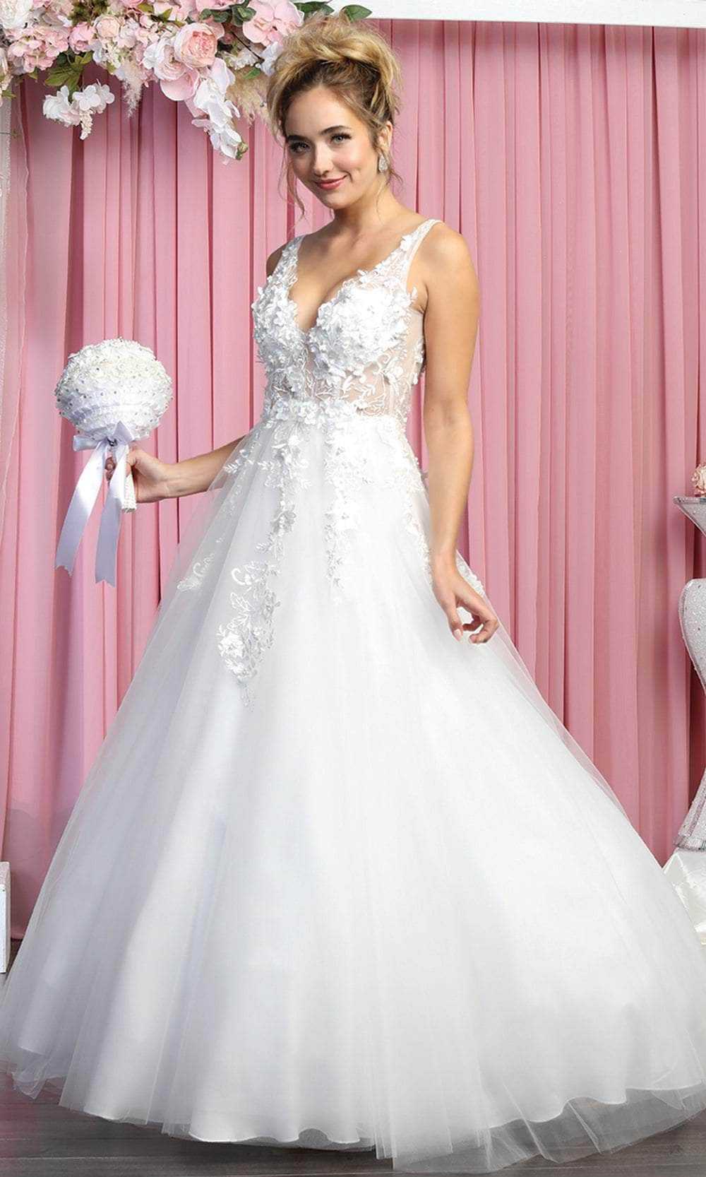 May Queen, May Queen RQ7902 - Sleeveless Plunging V-Neckline Wedding Gown