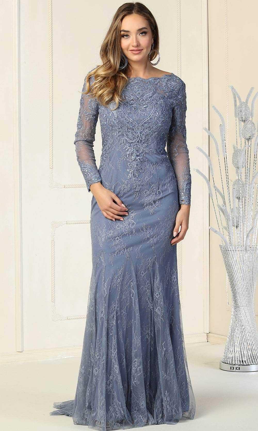 May Queen, May Queen RQ7906 - Laced Scalloped Bateau Neckline Evening Dress