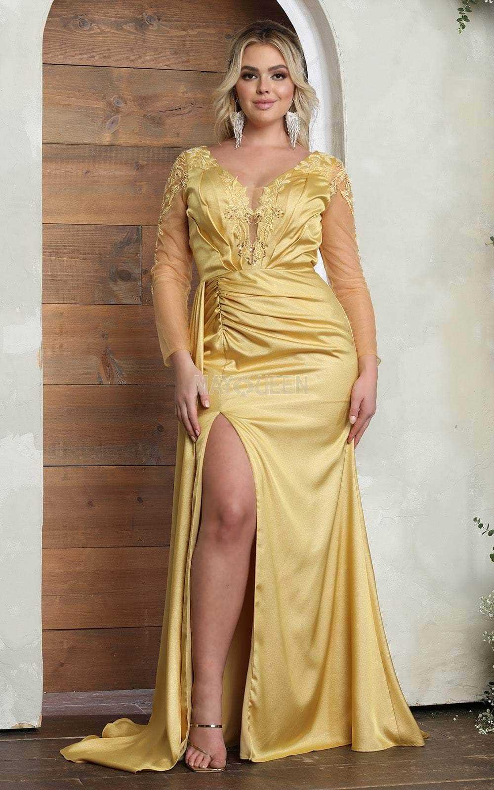 May Queen, May Queen RQ8045 - Sheer Long Sleeve Ruched Prom Gown