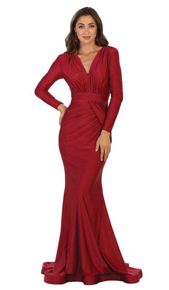May Queen, May Queen - Ruched Plunging V-Neck Long Sleeves Gown