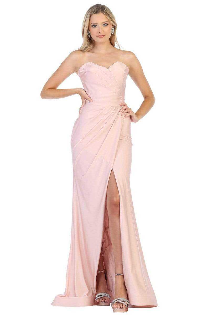 May Queen, May Queen - Ruched Sweetheart Draping High Slit Dress MQ1718