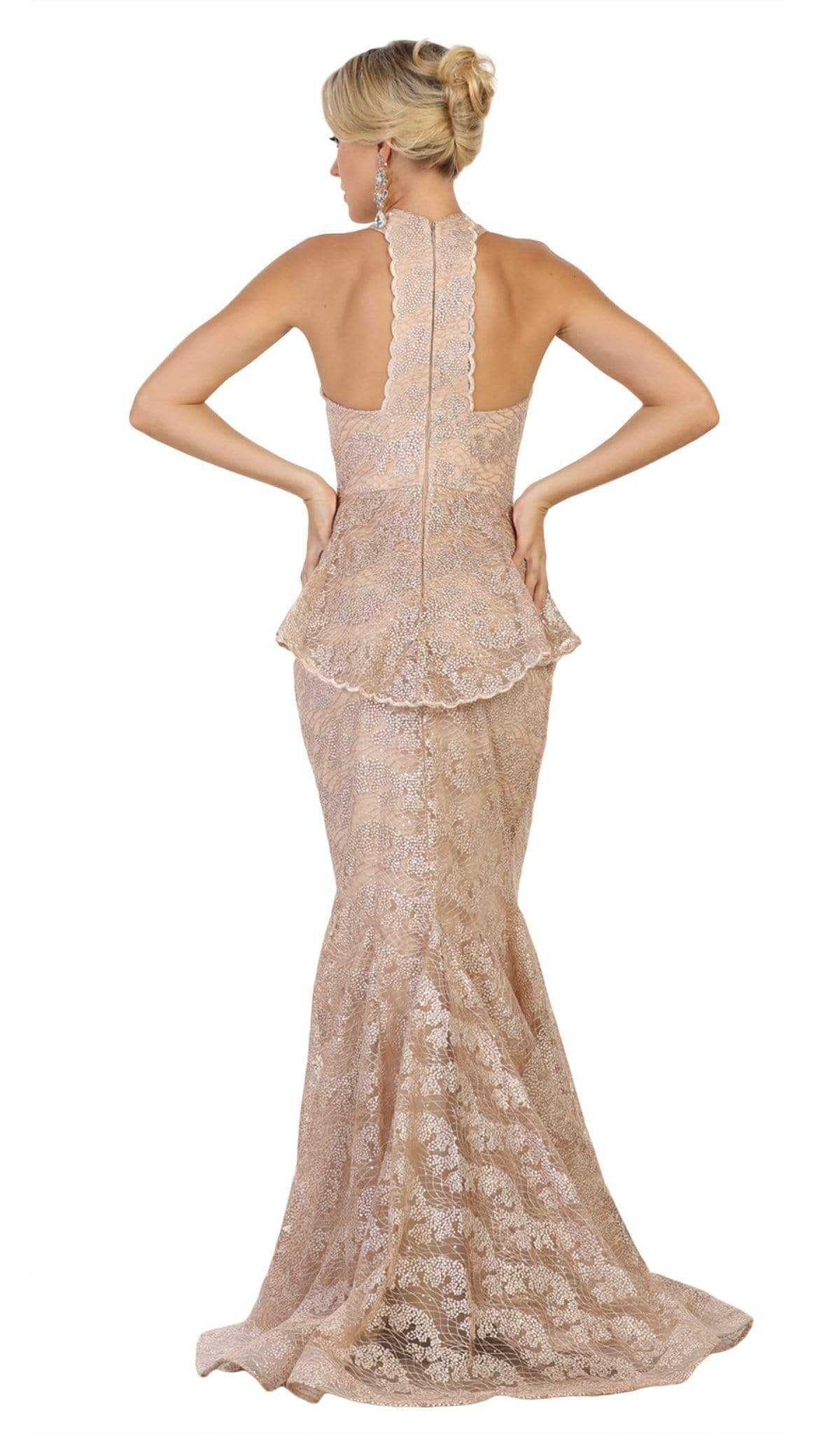 May Queen, May Queen - Scalloped Plunging Halter V-Neck Mermaid Gown RQ7608 - 1 pc Champagne In Size 18 Available