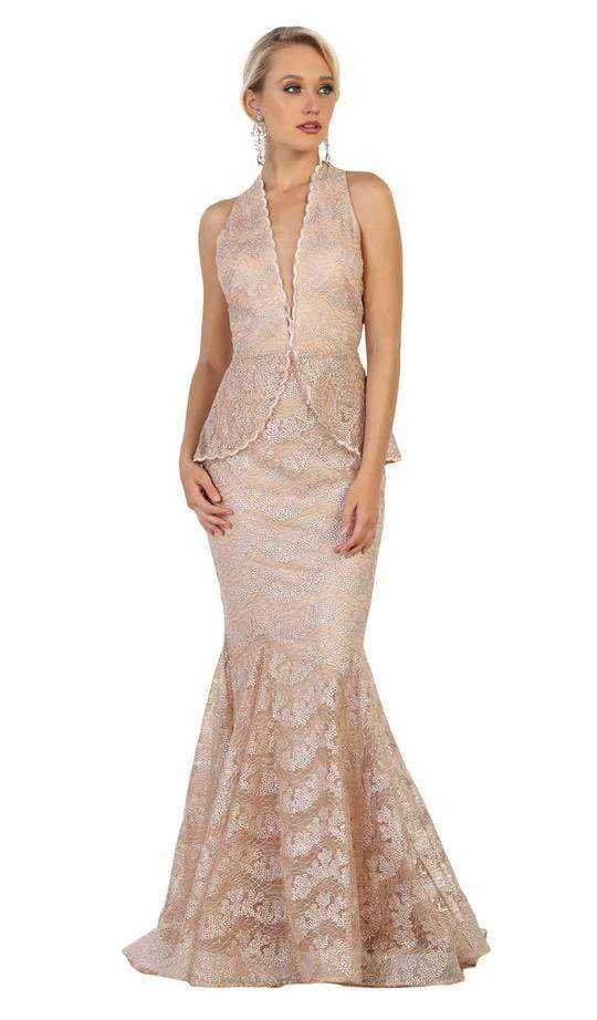May Queen, May Queen - Scalloped Plunging Halter V-Neck Mermaid Gown RQ7608 - 1 pc Champagne In Size 18 Available
