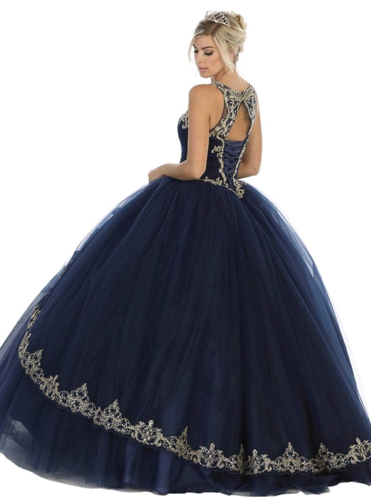 May Queen, May Queen - Scoop Appliqued Pleated Ballgown LK117 - 1 pc Navy/Gold In Size 18 Available