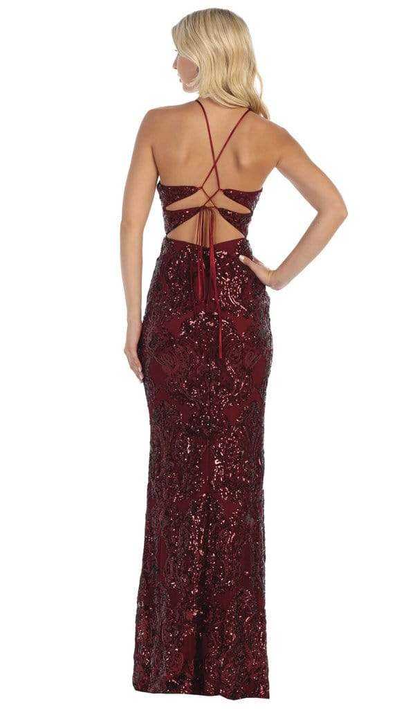 May Queen, May Queen - Sequined High Halter Lace-Up Evening Dress RQ7667 - 1 pc Burgundy In Size 4 Available