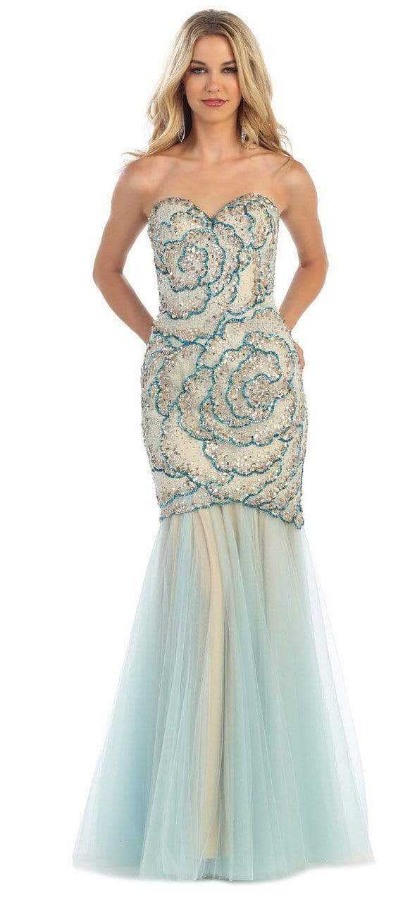 May Queen, May Queen - Sequined Rosette Motif Evening Gown RQ7289 - 2 pcs Aqua/Nude in Size 8 and 14 Available