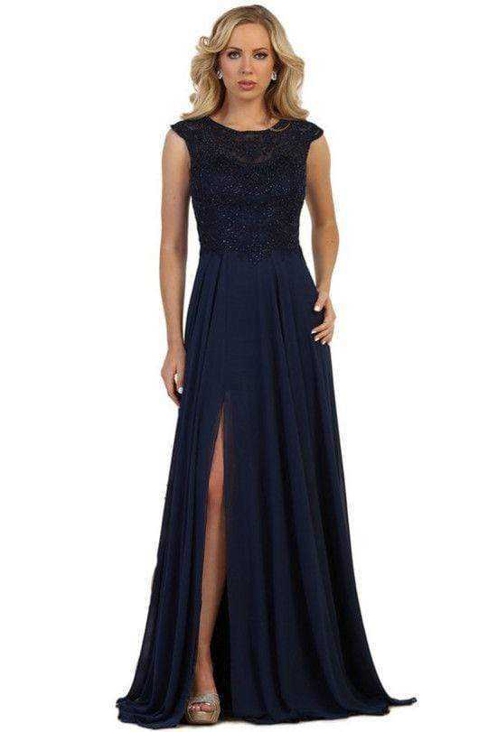 May Queen, May Queen - Sheer Cap Sleeves A-Line Dress With Slit MQ1563