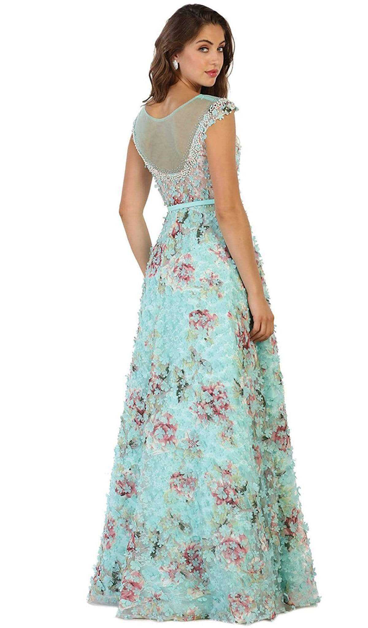 May Queen, May Queen - Sheer Cap Sleeves Floral Embellished A-line Gown RQ7554