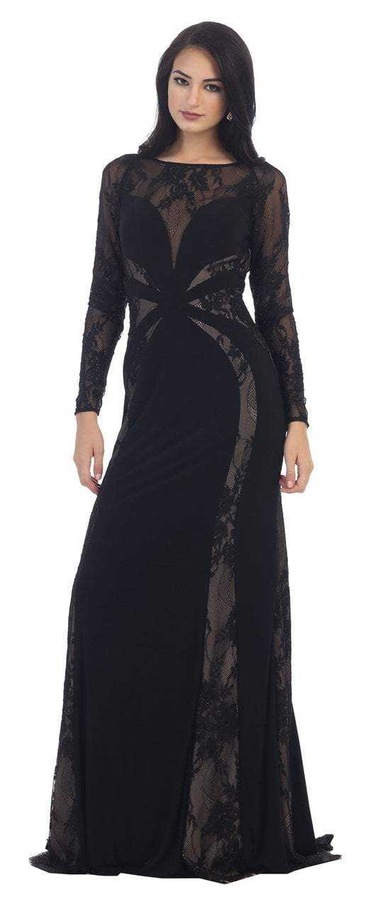 May Queen, May Queen Sheer Lace Sheath Long Dress in Black MQ1459