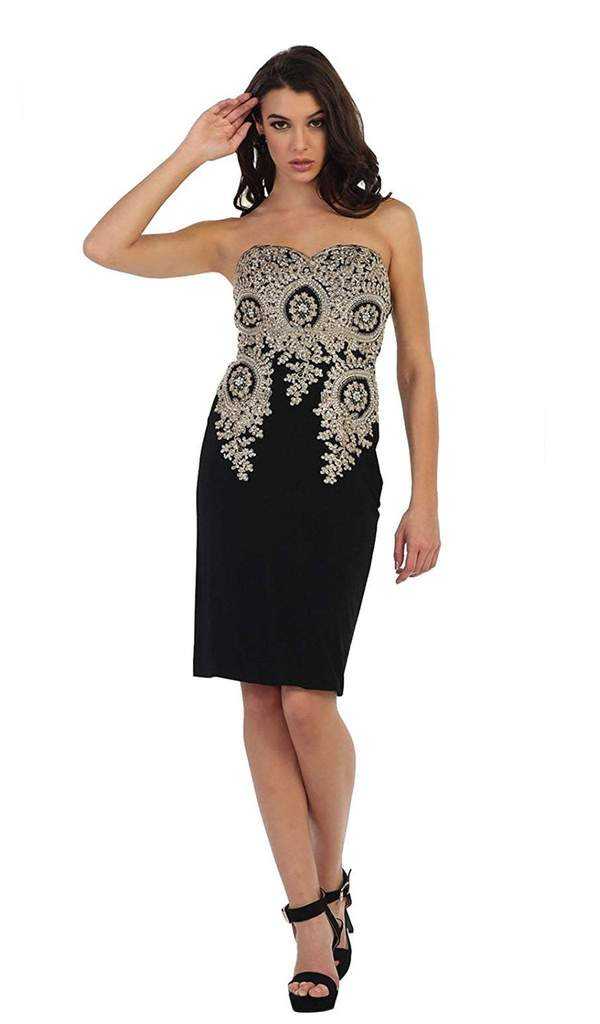 May Queen, May Queen - Strapless Metallic Lace Cocktail Dress MQ1439 - 1 pc Black In Size 6 Available