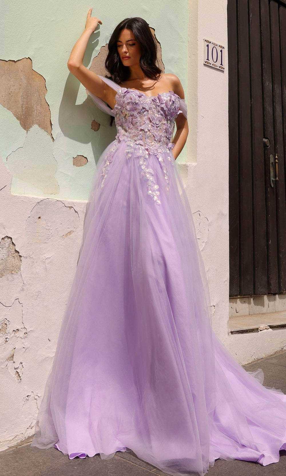 Nox Anabel, Nox Anabel J1324 - 3D Butterfly Embellished Corset Bodice Prom Gown