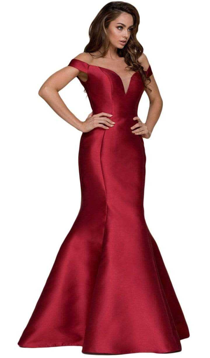 Nox Anabel, Nox Anabel Plunge Detailed Off Shoulder Mikado Trumpet Gown C004 - 1 pc Burgundy in Size XL Available