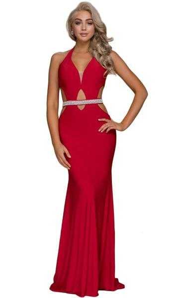 Nox Anabel, Nox Anabel - Plunging Halter Embellished Sheath Dress A046 - 1 pc Red In Size S Available