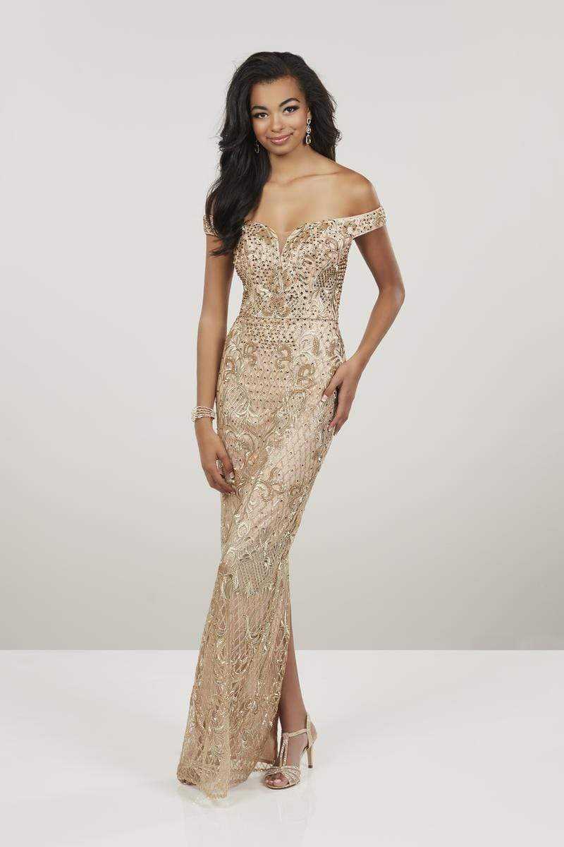 Panoply, Panoply - 14955 Beaded Off-Shoulder Dress With Removable Overskirt - 1 pc Gold in Size 4 Available