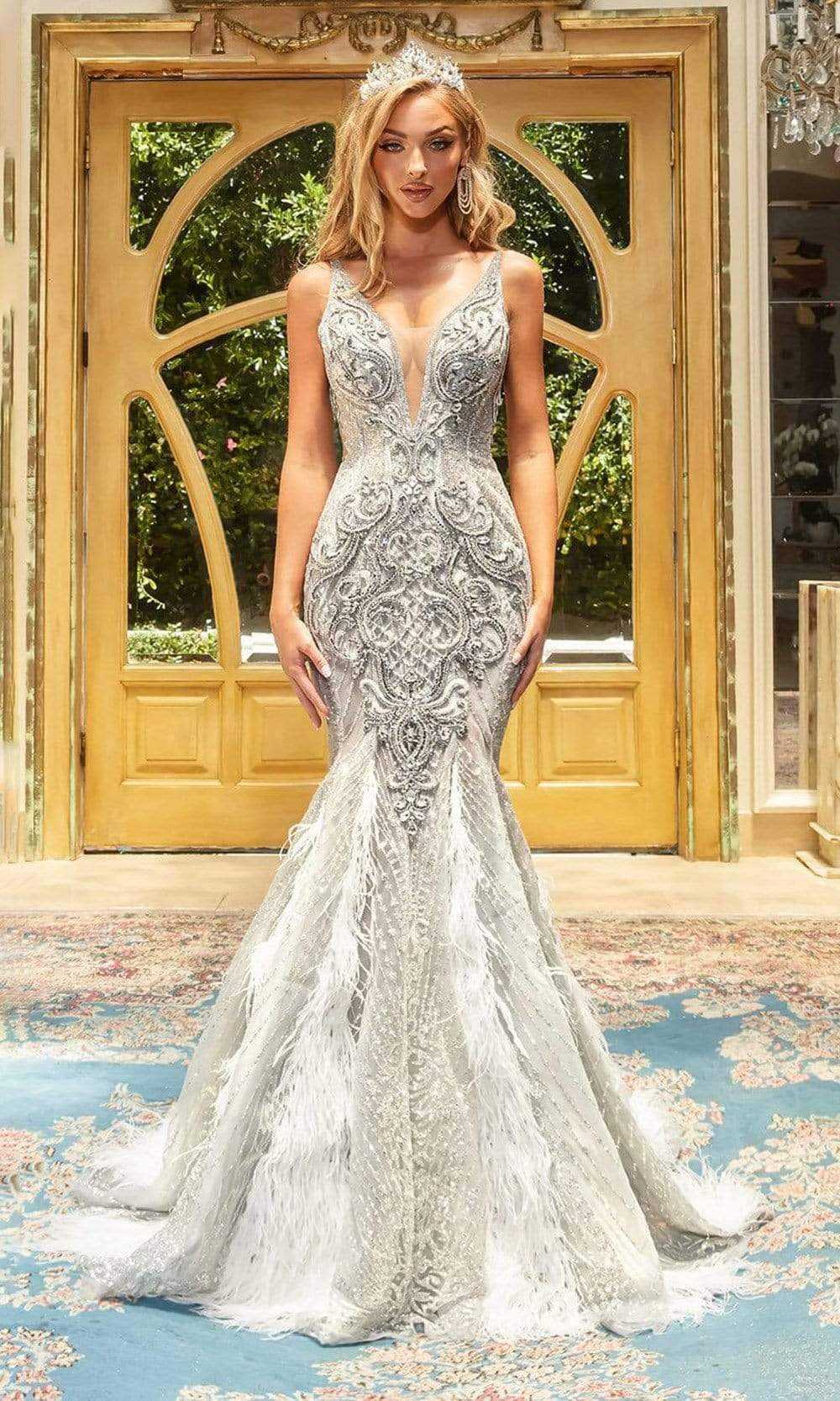 Portia and Scarlett, Portia and Scarlett - PS22966 Striking Beadwork Plunging Gown