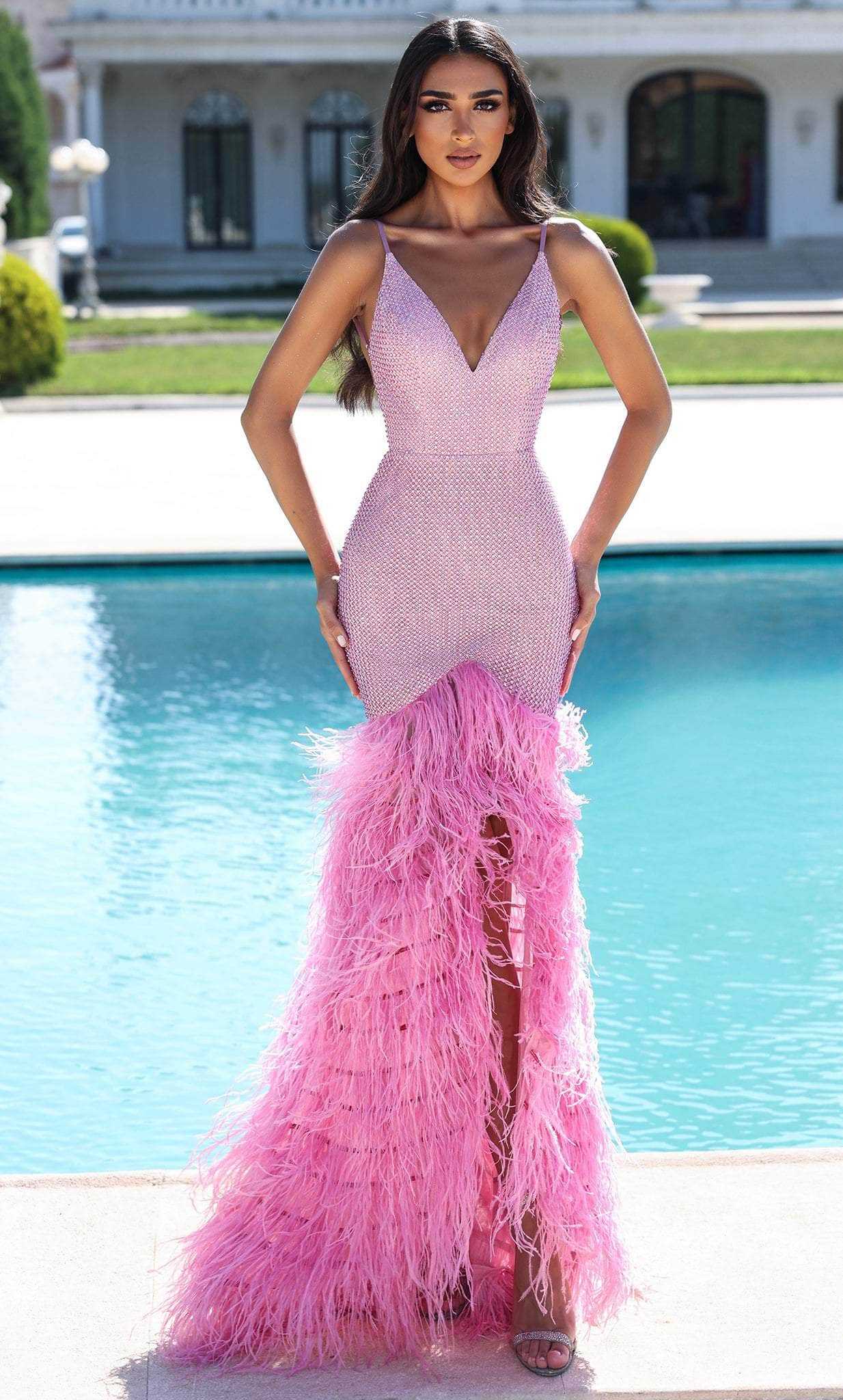 Portia and Scarlett, Portia and Scarlett PS23339 - V-Neck Feathered Trumpet Prom Gown