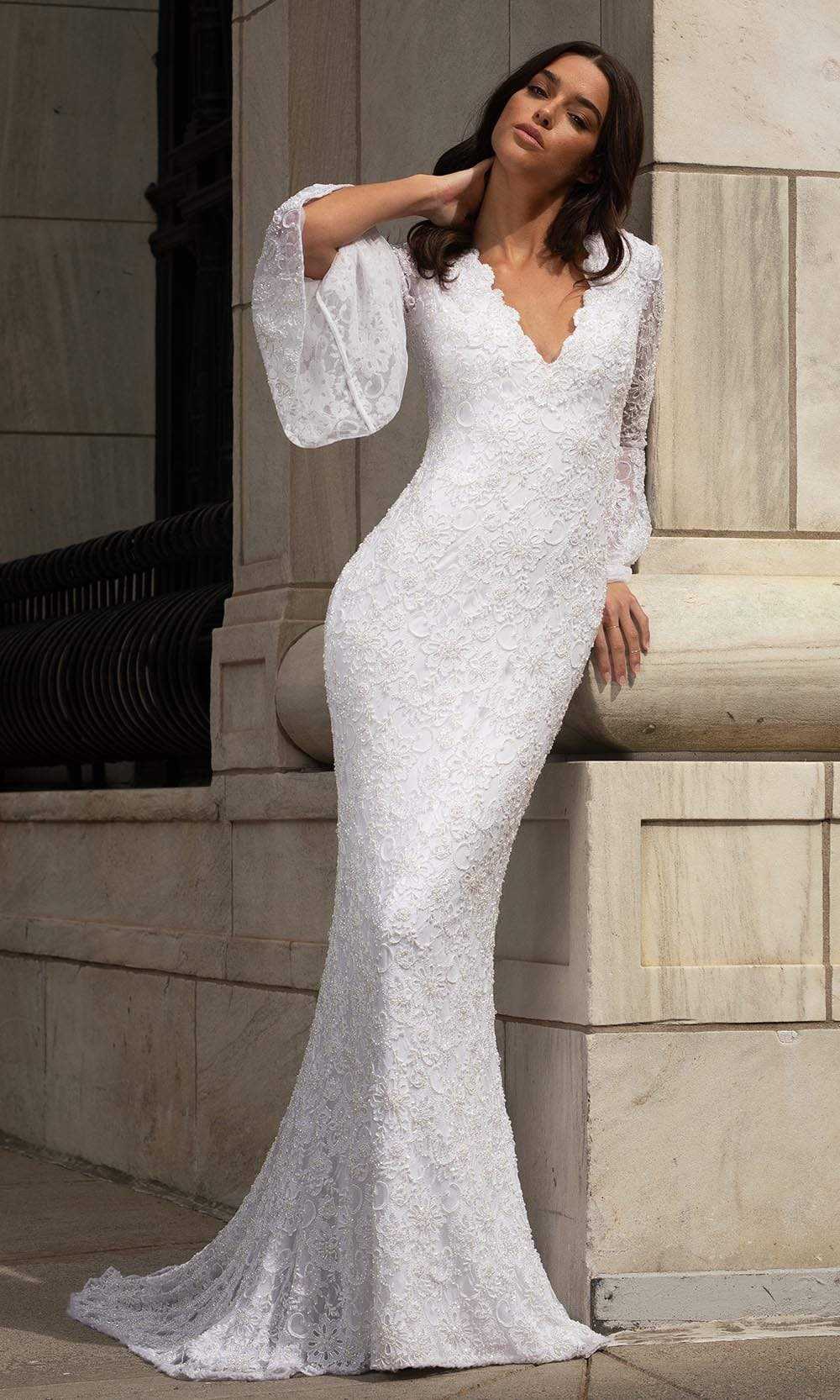 Primavera Bridal, Primavera Bridal - 3593 Bell Sleeve Beaded Lace Bridal Gown