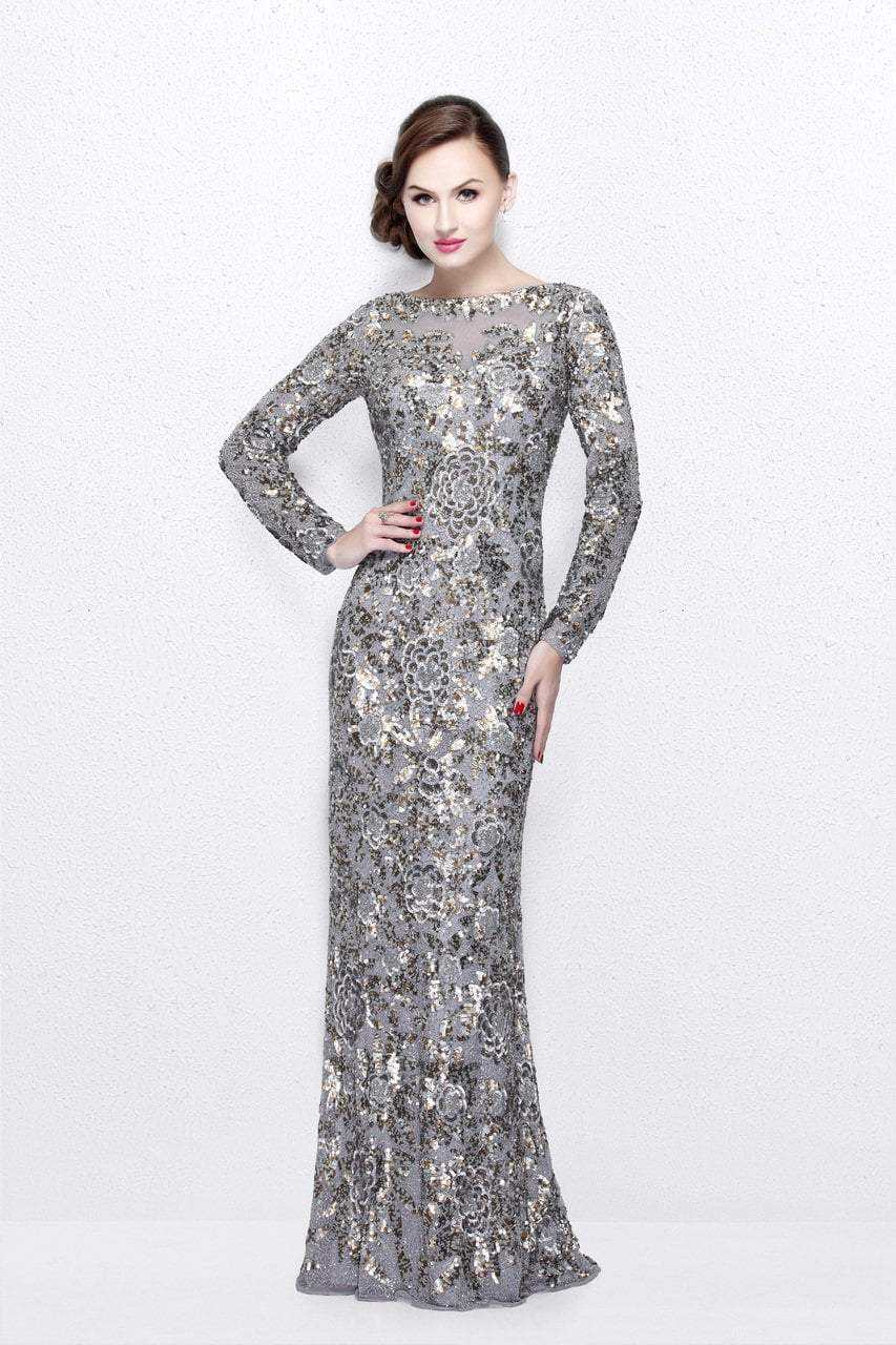 Primavera Couture, Primavera Couture - 1401 Long Sleeve Sequined Gown in Platinum Multi