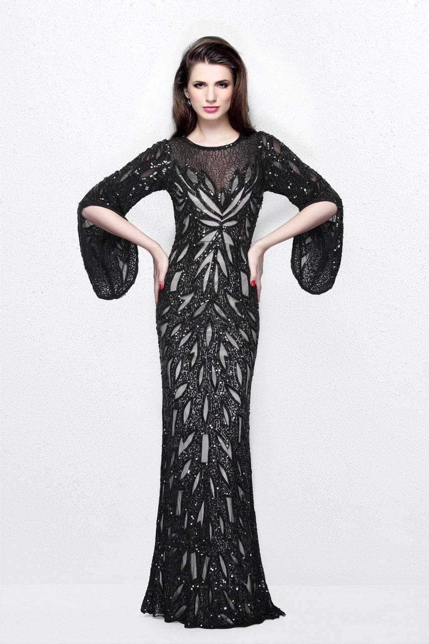 Primavera Couture, Primavera Couture 1717 Sequined Bell Sleeves Contrast Illusion Sheath Gown - 1 pc Black In Size 4 Available