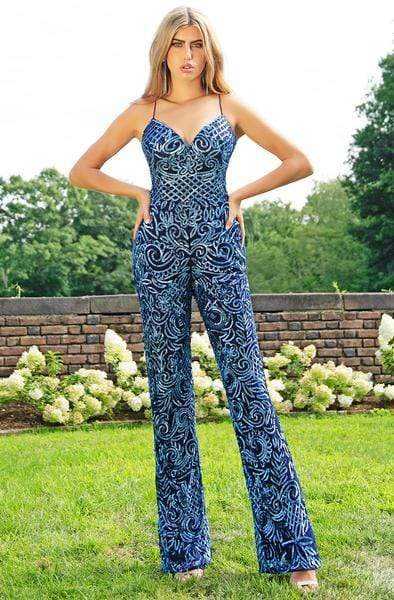 Primavera Couture, Primavera Couture - Sequined Plunging V-neck Jumpsuit 3261 - 1 pc Midnight In Size 12 Available